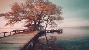 generativo ai, orilla del lago serenidad fotografía tranquilo orilla del lago escenas foto