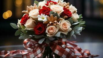 Festive bouquet of red and white flowers with a plaid ribbon photo