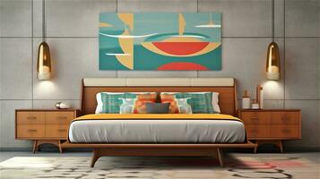 Generative AI, Mid-Century Modern Bedroom Design photo