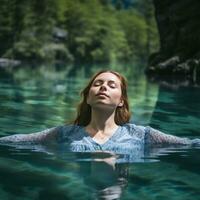 Peaceful image of a woman floating on her back in a tranquil lake photo