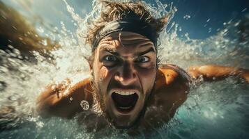 Energetic shot of a swimmer racing through the water like a torped photo