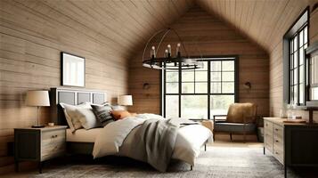 Generative AI, Rustic Modern Farmhouse Bedroom Design photo