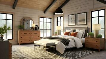 Generative AI, Rustic Modern Farmhouse Bedroom Design photo