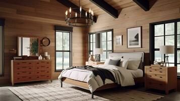 Generative AI, Rustic Modern Farmhouse Bedroom Design photo