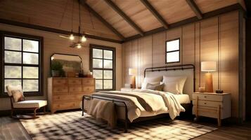 Generative AI, Rustic Modern Farmhouse Bedroom Design photo