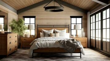 Generative AI, Rustic Modern Farmhouse Bedroom Design photo