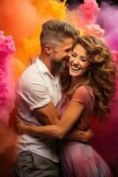 Fun and playful couple posing with colorful smoke bombs photo