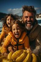 riendo familia teniendo divertido mientras montando en un plátano barco foto