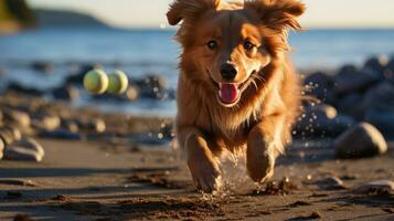 juguetón sombra de perro persiguiendo pelota en soleado playa foto