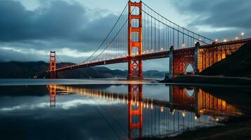 luminoso reflexiones Noche resplandor de un famoso puente, generativo ai foto