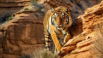 Tiger's Stealthy Journey Through the Rugged Canyon, AI Generative photo