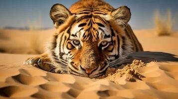 Desierto espejismo camuflado Tigre en arenoso paisaje, ai generativo foto