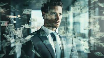 Businessman Amidst a Tapestry of International Banknotes, AI Generative photo