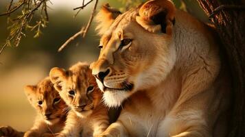 Nurturing Love A Lioness's Gentle Care for Her Cubs, AI Generative photo
