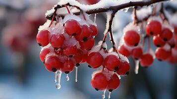 Frozen Berries A Vibrant Contrast in a Winter Wonderland, AI Generative photo