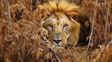 maestría de ocultación el leon camuflaje, ai generativo foto