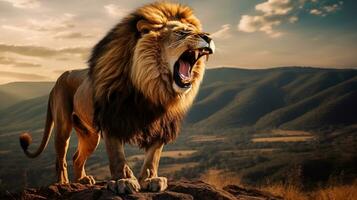 A fierce lion, the jungles regal monarch, roars with power AI Generated  31586259 Stock Photo at Vecteezy