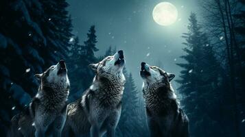 Moonlit Serenade Wolves' Melody Beneath the Full Moon, AI Generative photo