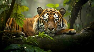 descansando Tigre en envuelto antiguo bosque, ai generativo foto