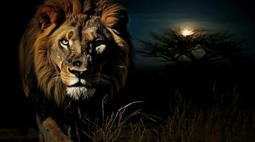 de luna cazar cauteloso león en el merodear, ai generativo foto