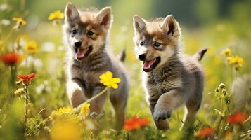 Whimsical Wolf Pup Playtime, AI Generative photo