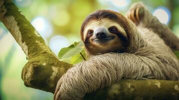 Tranquil Slumber Sleepy Sloth Resting on Tree Branch, AI Generative photo