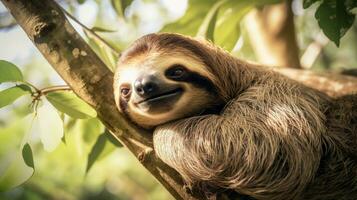 tranquilo sueño soñoliento perezoso descansando en árbol rama, ai generativo foto