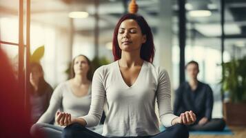 Office Serenity Embracing Workplace Wellness Through Yoga and Meditation, AI Generative photo