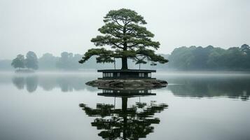 A Famous Landmark in a Serene Mirror-Like Lake, Generative AI photo