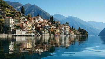 un famoso punto de referencia en un sereno como espejo lago, generativo ai foto