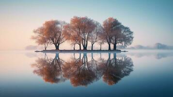 Generative AI, Reflections landscapes mirrored in water creating stunning reflections photo