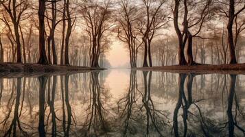 Generative AI, Reflections landscapes mirrored in water creating stunning reflections photo