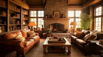 Generative AI, Rustic Living Room with Natural Materials and Warm Colors photo