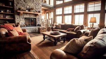 Generative AI, Rustic Living Room with Natural Materials and Warm Colors photo
