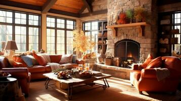 Generative AI, Rustic Living Room with Natural Materials and Warm Colors photo