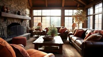 Generative AI, Rustic Living Room with Natural Materials and Warm Colors photo