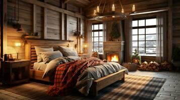 Generative AI, Cozy and Warm Rustic Bedroom with Stone Fireplace photo