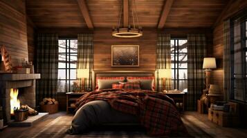 Generative AI, Cozy and Warm Rustic Bedroom with Stone Fireplace photo