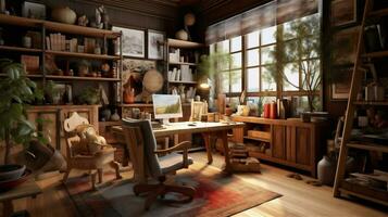 Generative AI, Cozy Home Office with Rustic Charm photo