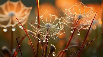 Morning Dew on Spiderwebs, Generative AI photo