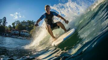 generativo ai, eufórico hincha montando olas en surfistas paraíso foto