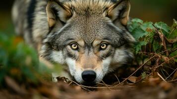 enigmático majestad el solitario lobo en el bosque, ai generativo foto