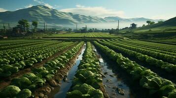 capturar el belleza de vasto verde granja campos en lleno floración, ai generativo foto