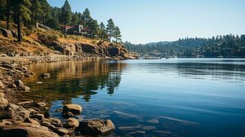 Tranquil Beauty of a Mountain Lake in the Clear Blue Sky, AI Generative photo