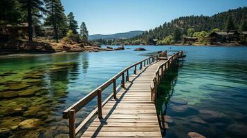 tranquilo belleza de un montaña lago en el claro azul cielo, ai generativo foto