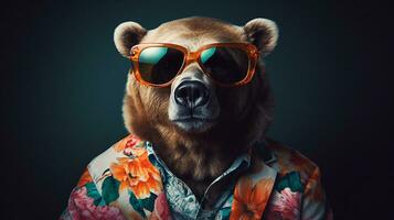 Bear's Half-Body  Shoot with Hawaiian Shirt and Sunglasses, AI Generative photo