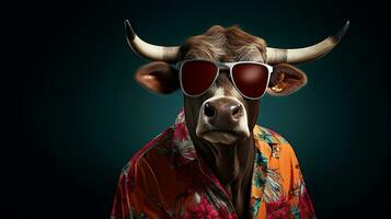 Bull in Hawaiian Shirt and Sunglasses, AI Generative photo