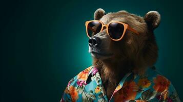 osos medio cuerpo disparar con hawaiano camisa y Gafas de sol, ai generativo foto