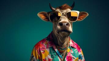 Bull in Hawaiian Shirt and Sunglasses, AI Generative photo