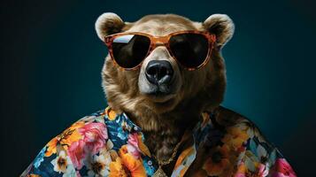 Bear's Half-Body  Shoot with Hawaiian Shirt and Sunglasses, AI Generative photo